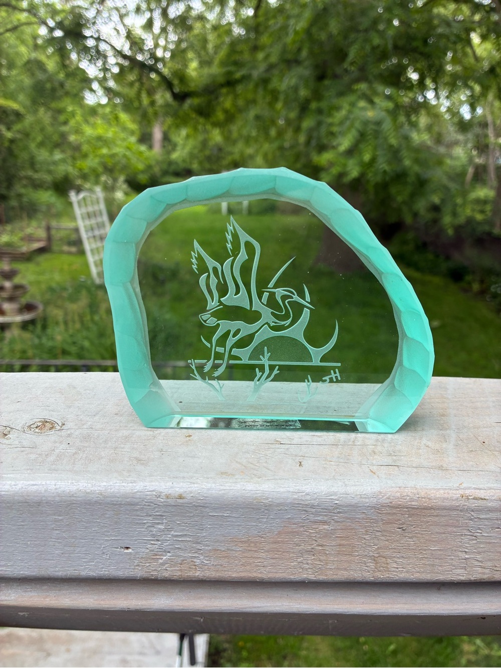 Indigenous Etched Glass Paperweight Heron Steven Hearns